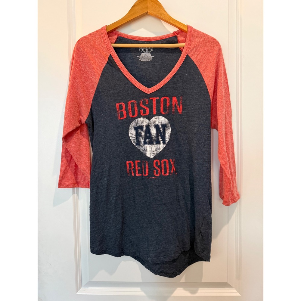 5th & Ocean Boston Red Sox Baseball Tee Navy Red Raglan V-Neck Top Large